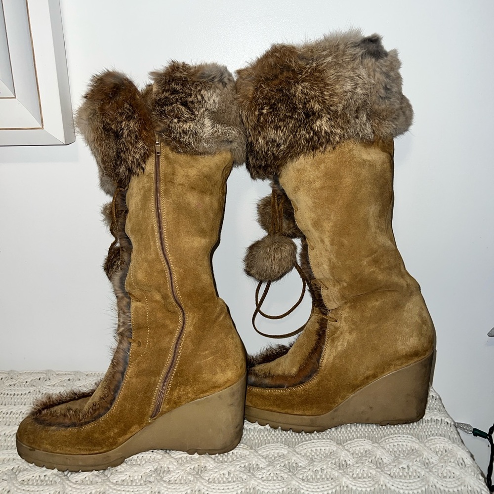 Coach Suede Tan Genuine Fur-Lined Wedge Boots